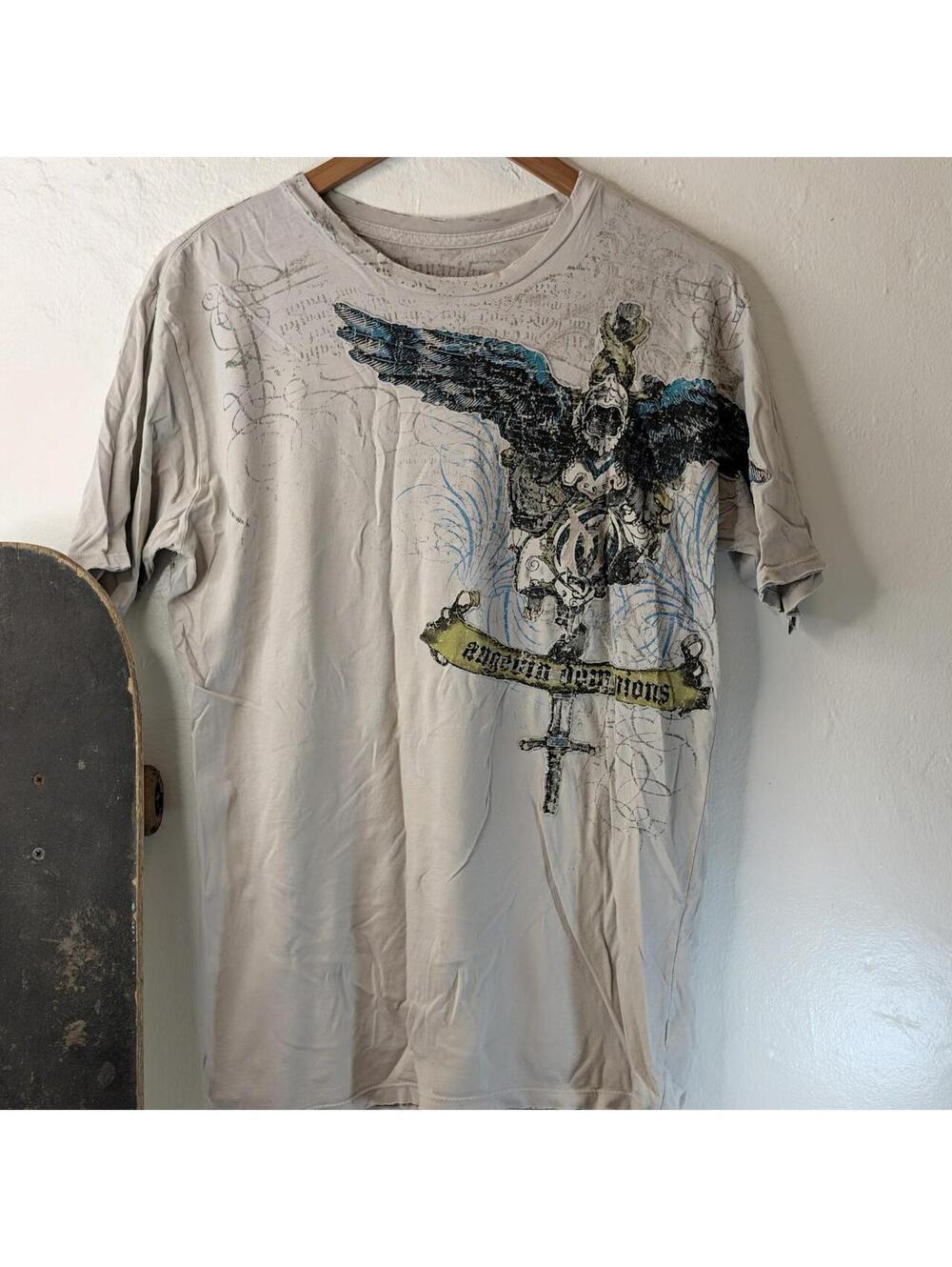 Vintage Y2K Monarchy All Over Print Graphic Tee Winged Skull Knight Mens XL